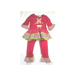 Rare Editions Girls Red Reindeer Ruffle Tunic and Leggings Christmas Set Size 4T
